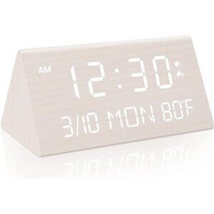 Wooden Digital Alarm Clock Dual USB Charging Dimmer Temperature Date Display Whi